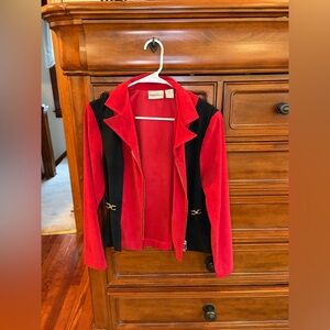 Fashion Bug Stretch Red & Black Zip Front Blazer Jacket Size 6 Gold Hardware